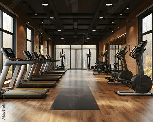 Modern gym interior with treadmills, elliptical trainers, and wooden floors. Perfect for fitness, wellness, and healthy lifestyle concepts. photo