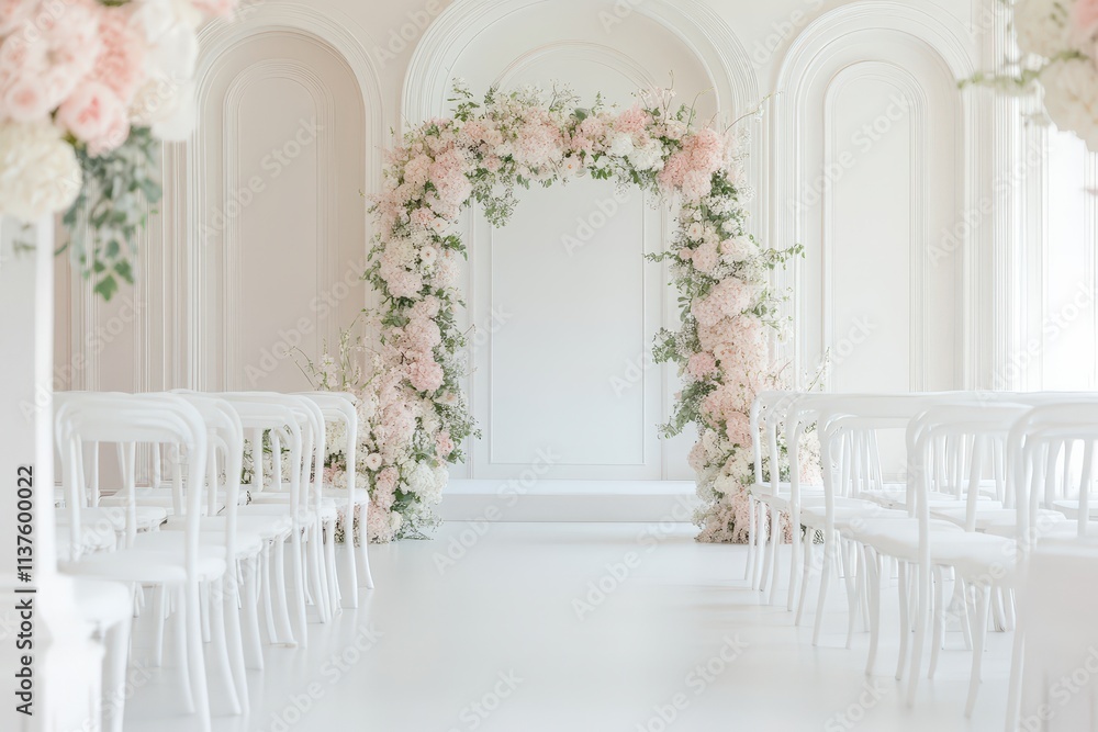 Elegant Floral Arrangement at a Wedding Ceremony Hall with White Chairs and Soft Pastel Decor for a Romantic Atmosphere Elegant Floral Arrangement at a Wedding Ceremony Hall with White Chairs and Soft Pastel Decor for a Romantic Atmosphere