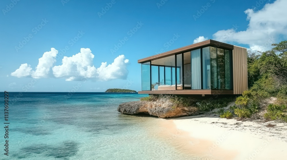 Sleek, modern model luxurious home on a white sandy beach island background wallpaper AI generated image Sleek, modern model luxurious home on a white sandy beach island background wallpaper AI generated image