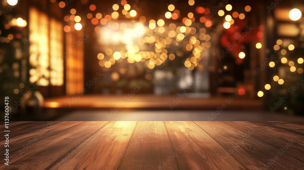 lights on wooden background, An empty wooden table top with a blurred background lights on wooden background, An empty wooden table top with a blurred background
