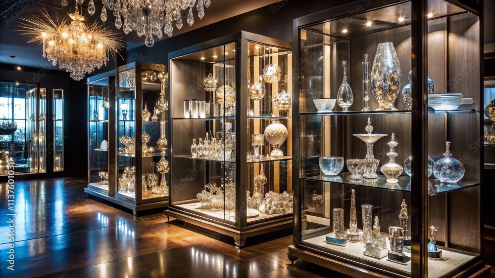 Night Photography of a Contemporary Interior Design Setting with Sparkling Crystal Sculptures in a Glass Display Cabinet Illuminated by Soft Ambient Lighting Night Photography of a Contemporary Interior Design Setting with Sparkling Crystal Sculptures in a Glass Display Cabinet Illuminated by Soft Ambient Lighting