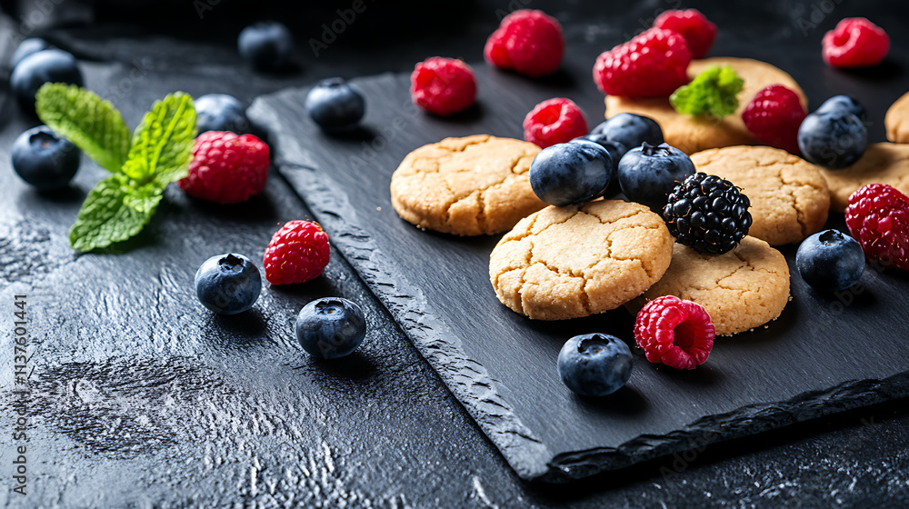 Elegant composition of cookies on a slate board, complemented by fresh berries and soft lighting Elegant composition of cookies on a slate board, complemented by fresh berries and soft lighting