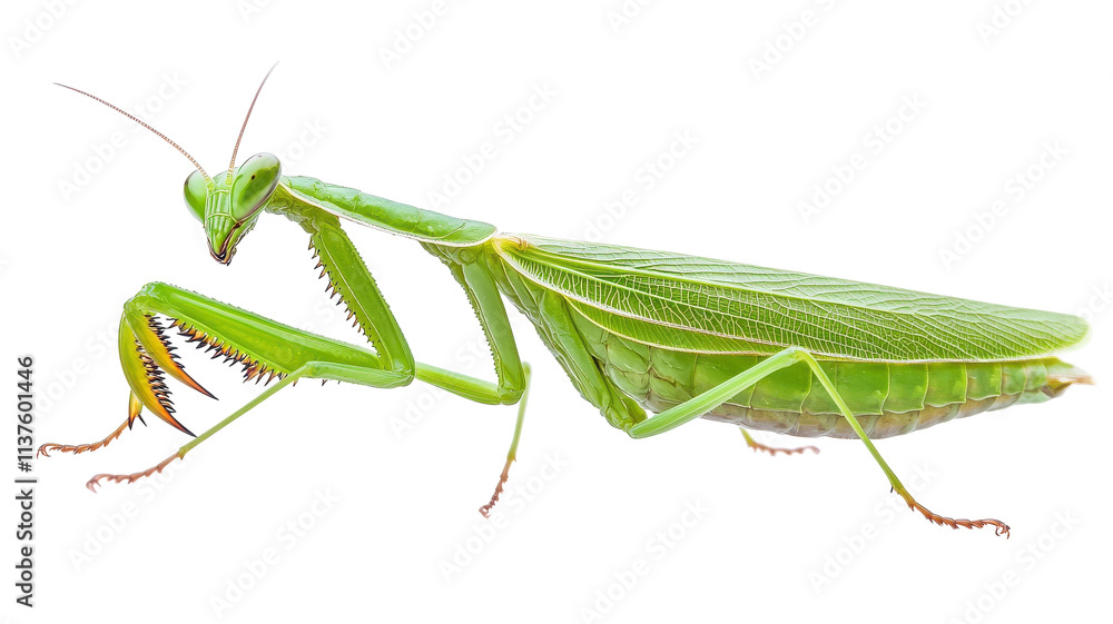 A close-up of a vibrant green mantis resting on a plain background, showcasing its detailed features and poised stance during daylight. A close-up of a vibrant green mantis resting on a plain background, showcasing its detailed features and poised stance during daylight.