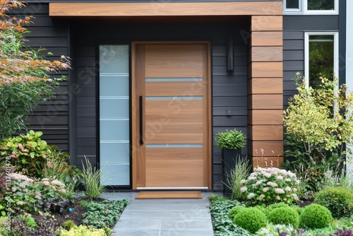 Wooden front door with frosted glass panels, surrounded by black metal accents and manicured garden.