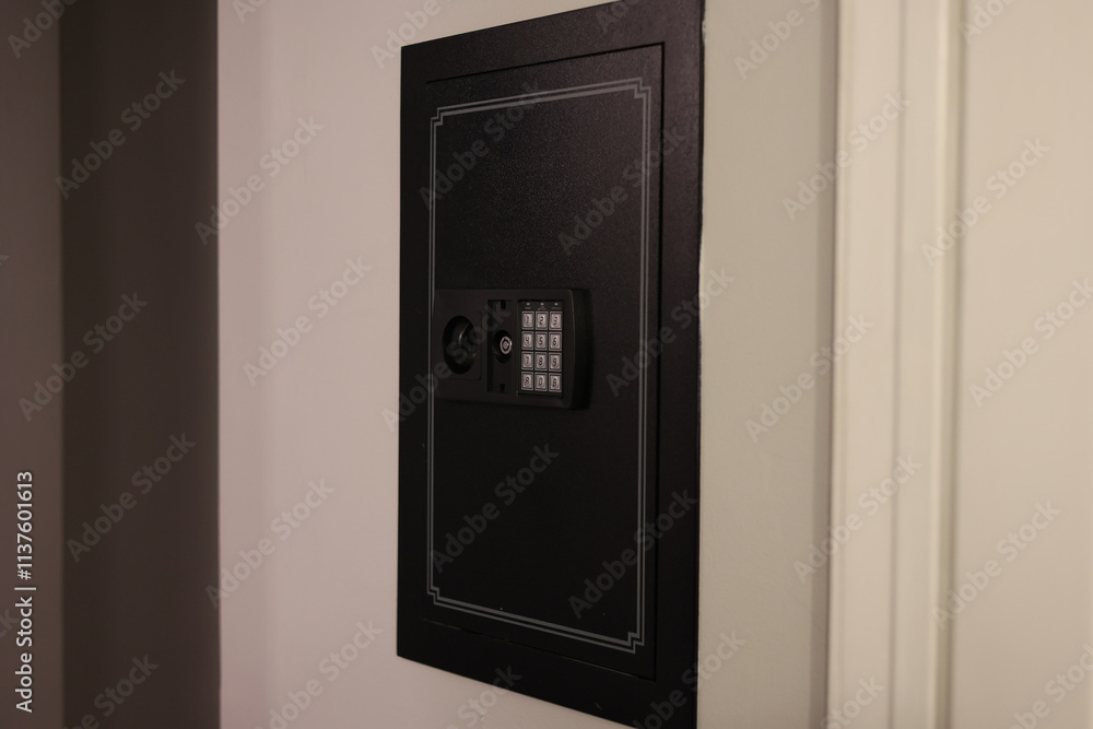 A close-up of a hidden in-wall safe discreetly installed within a wall. The sleek design emphasizes security and practicality for safeguarding valuables. A close-up of a hidden in-wall safe discreetly installed within a wall. The sleek design emphasizes security and practicality for safeguarding valuables.