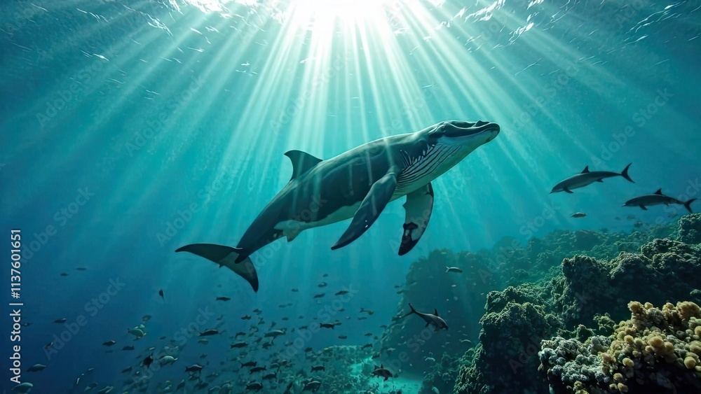 Fototapeta premium Manta ray gliding gracefully through sunlit waters above vibrant coral reef. Generative AI