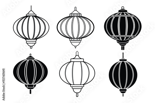 Bundle Chinese lantern icon silhouette vector, Chinese lantern icon set isolated on white background