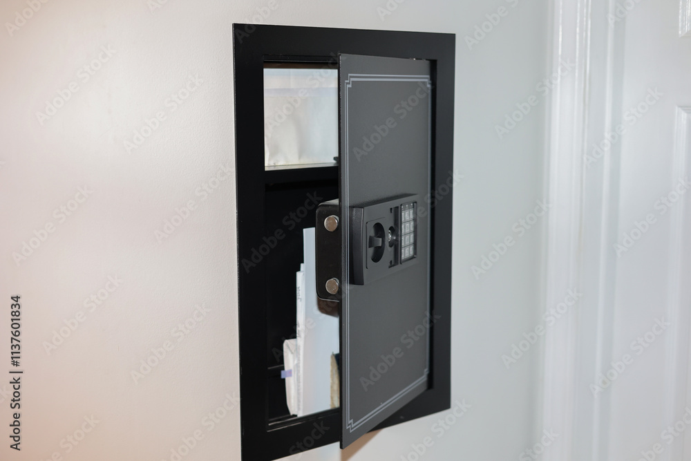 A close-up of a hidden in-wall safe discreetly installed within a wall. The sleek design emphasizes security and practicality for safeguarding valuables. A close-up of a hidden in-wall safe discreetly installed within a wall. The sleek design emphasizes security and practicality for safeguarding valuables.