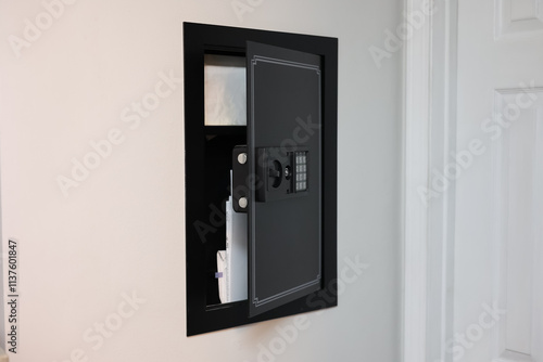 A close-up of a hidden in-wall safe discreetly installed within a wall. The sleek design emphasizes security and practicality for safeguarding valuables.