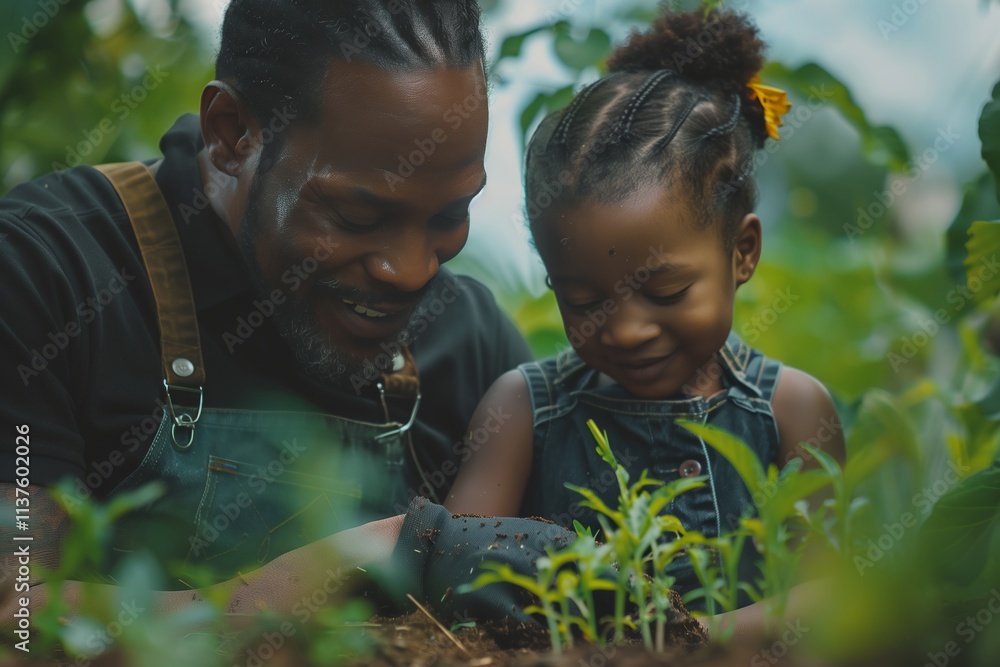 A joyful moment between a father and daughter as they garden together. A joyful moment between a father and daughter as they garden together.