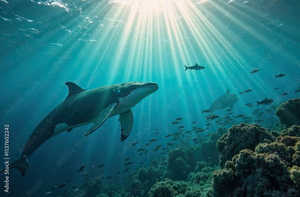 Obraz premium Majestic whale swims gracefully through vibrant coral reef underwater. Generative AI