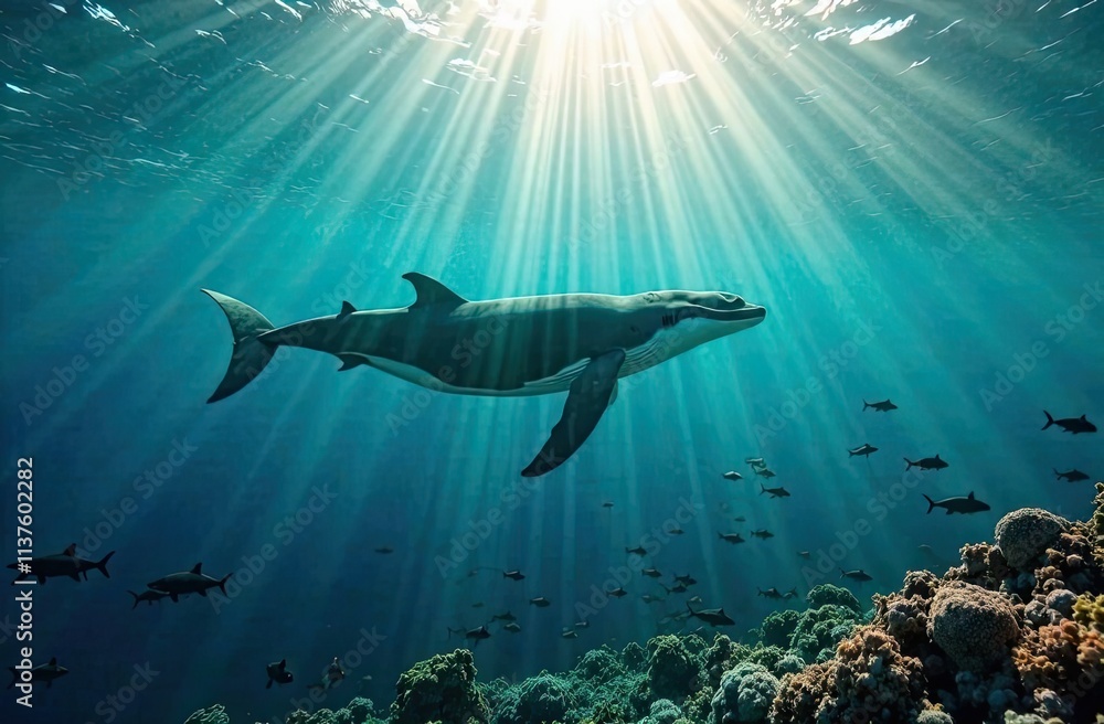 Obraz premium Shark swimming gracefully through clear ocean water near colorful coral reef during bright sunlight. Generative AI
