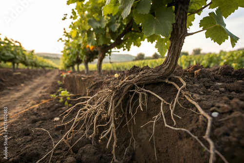 A close-up view of grapevine roots, showcasing the soil texture and the lush vineyard environment under soft sunlight.