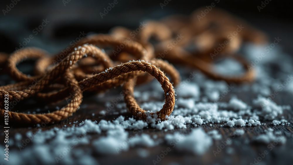 Shoe laces sprinkled with snowflakes in a cozy environment