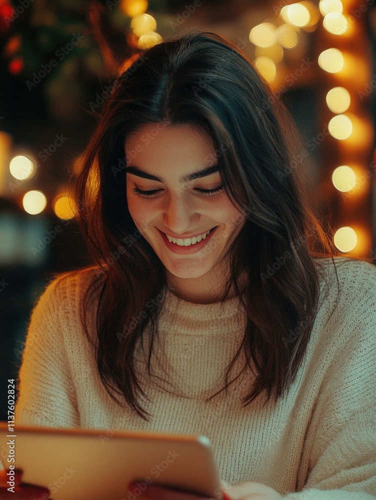 Smiling Woman Reading on Phone Smiling Woman Reading on Phone