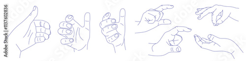 Set of gestures in various positions. Contour vector illustration. Hand is slightly open as if holding something. Index, middle, ring, little fingers and thumb