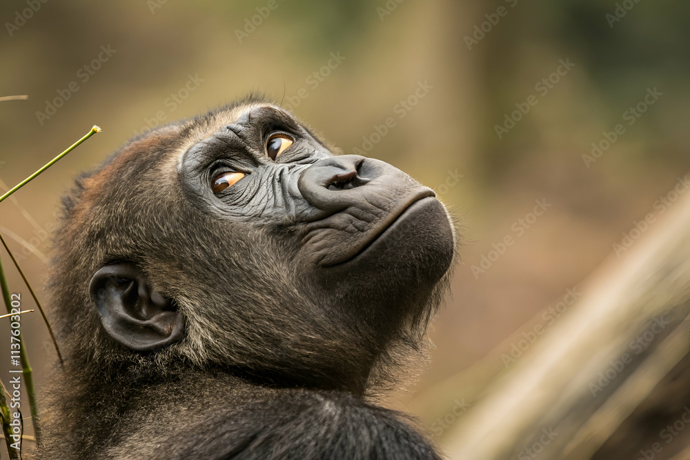 Obraz premium A curious gorilla gazes thoughtfully, showcasing its expressive features against a natural backdrop.