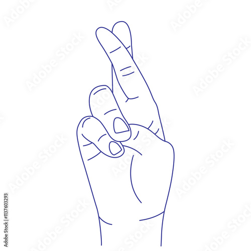 Fingers crossed. Hand gesture contour vector sketch illustration. Index, middle, ring, little and thumb photo