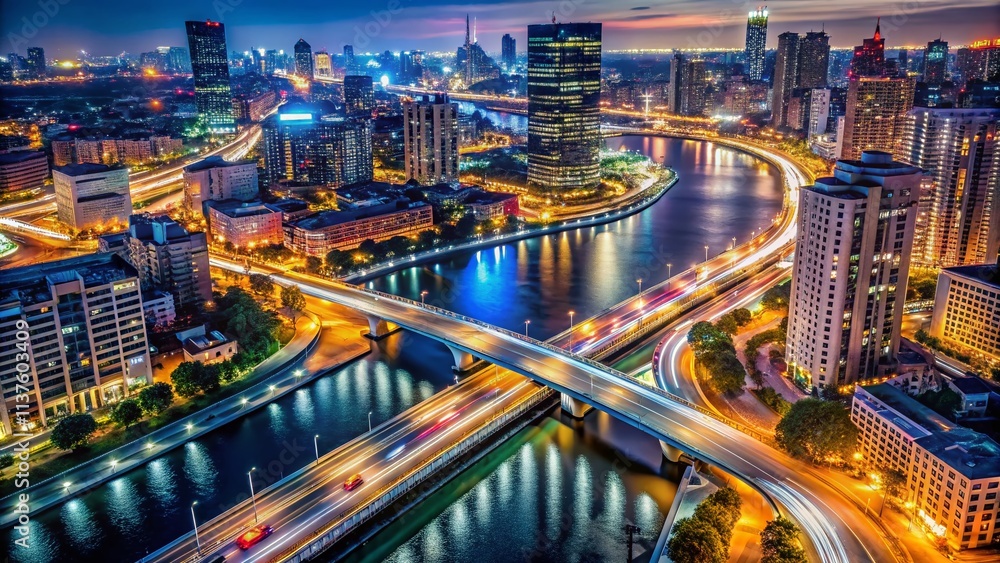 Fototapeta premium Nighttime Aerial View of Cityscape with Traffic Crossing River, Illuminated Buildings and Vibrant Lights, Showcasing Urban Life and Dynamic Movement in a Modern Metropolis
