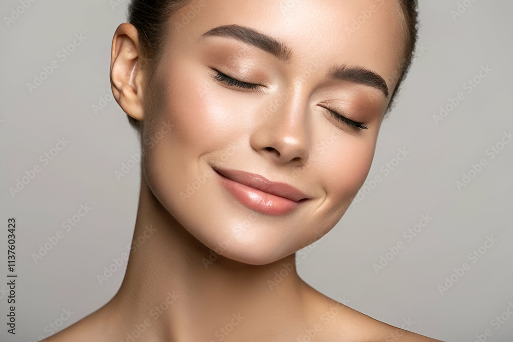 A serene, smiling woman showcases a flawless complexion, highlighting natural beauty and a sense of tranquility. A serene, smiling woman showcases a flawless complexion, highlighting natural beauty and a sense of tranquility.