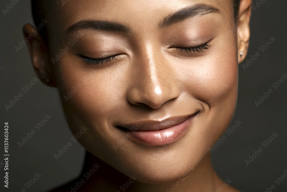 A serene portrait of a woman with closed eyes and a gentle smile, showcasing healthy skin and a calm expression against a dark background. A serene portrait of a woman with closed eyes and a gentle smile, showcasing healthy skin and a calm expression against a dark background.