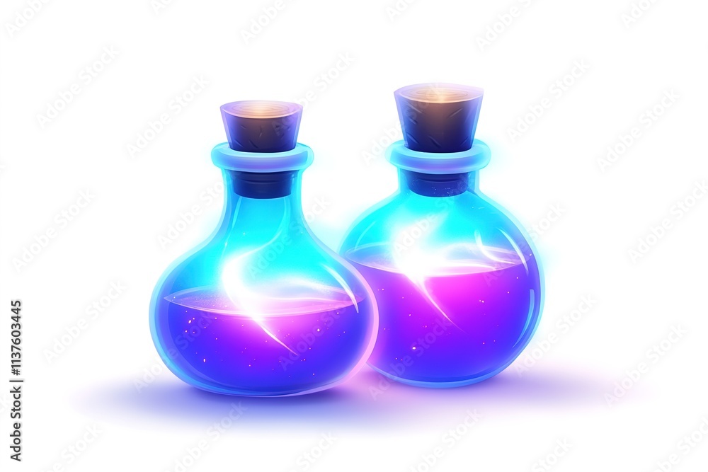 Glowing magic potions in transparent bottles. Glowing magic potions in transparent bottles.
