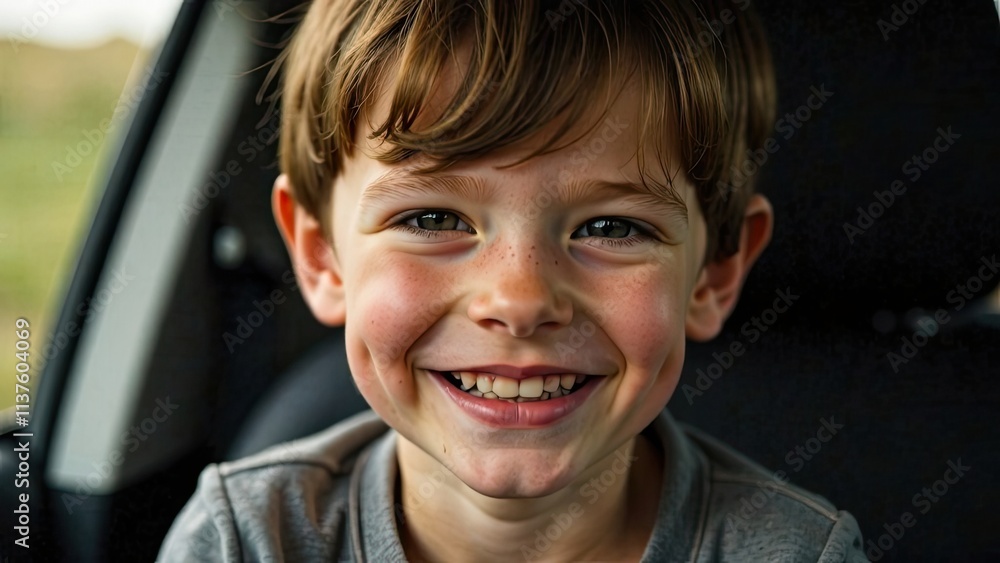 Young boy smiles happily while sitting in a car during a sunny day in a rural setting with green surroundings. Generative AI Young boy smiles happily while sitting in a car during a sunny day in a rural setting with green surroundings. Generative AI