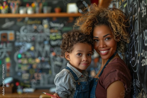 A joyful mother and child share a warm moment in a creative environment.