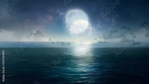 A beautiful moonrise over calm ocean waters at night, creating a serene and peaceful landscape perfect for reflection and relaxation photo