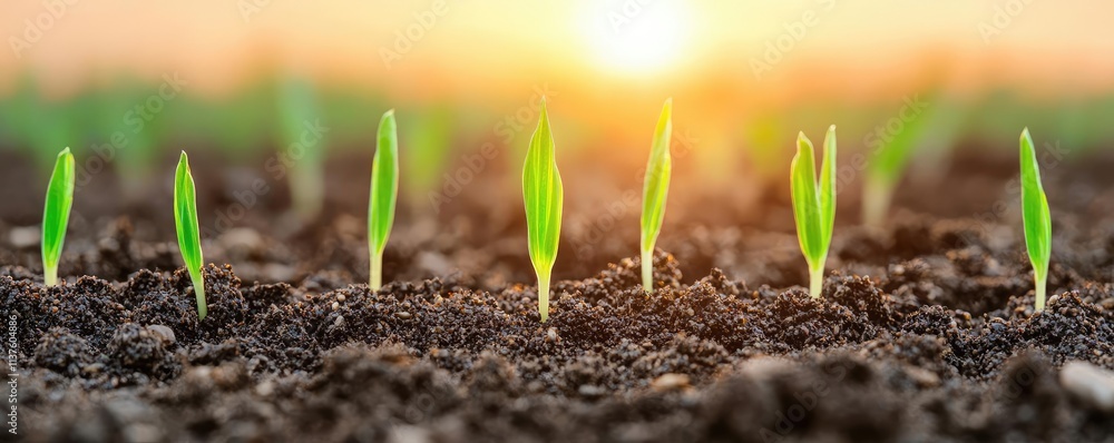 Fototapeta premium Wheat sustainability idea. New green sprouts emerging from rich soil under the warm sunrise.