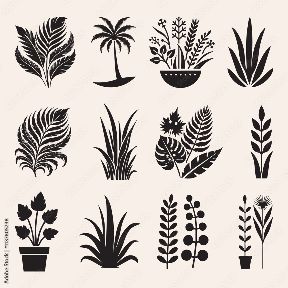 Cartoon tropical plants vector illustration set for design. Different types of exotic leaves funky groovy decorative elements kit. Collection of botanical shapes forms sticker bundle Cartoon tropical plants vector illustration set for design. Different types of exotic leaves funky groovy decorative elements kit. Collection of botanical shapes forms sticker bundle
