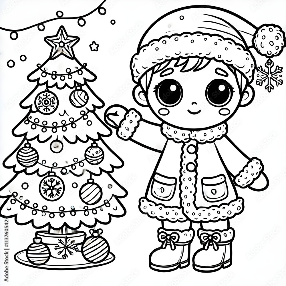 Blank coloring book illustration of a child wearing a Christmas costume decorating a Christmas tree. Blank coloring book illustration of a child wearing a Christmas costume decorating a Christmas tree.