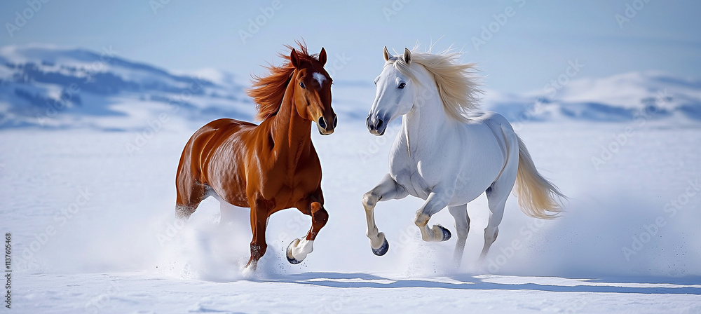 White and brown horses gallop across a snowy field. Two long-maned Spanish thoroughbreds gallop across a winter field on a frosty day against a blue sky. White and brown horses gallop across a snowy field. Two long-maned Spanish thoroughbreds gallop across a winter field on a frosty day against a blue sky.