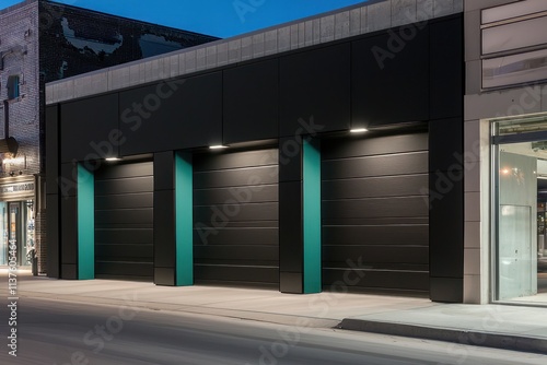 Wallpaper Mural Modern black garage doors with teal accents, set next to a storefront illuminated by sharp lights. Torontodigital.ca