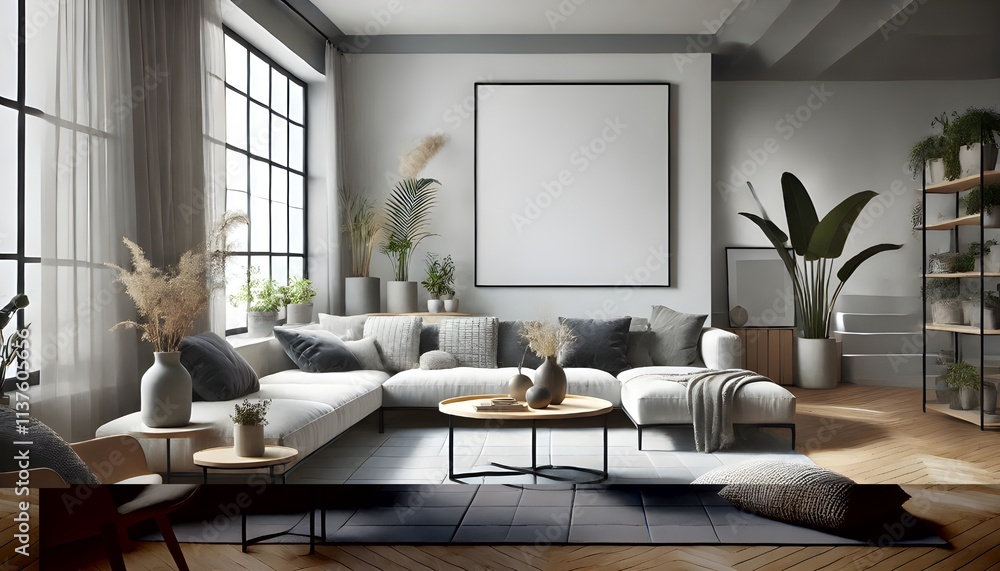 Fototapeta premium Modern Living Room Interior with Large Windows and Natural Light