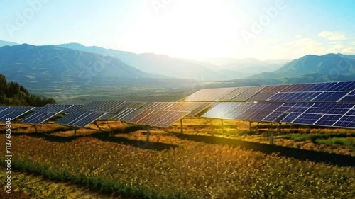 A solar farm with panels reflecting golden sunlight at sunset, symbolizing renewable energy, sustainability, and the power of solar technology