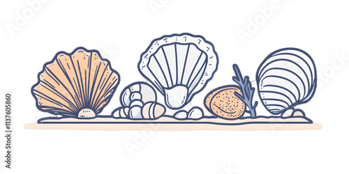 Modern minimalist outline icon featuring oyster mollusks, pearl corrals, and snail shells doodled in simple linear style, white or transparent background



