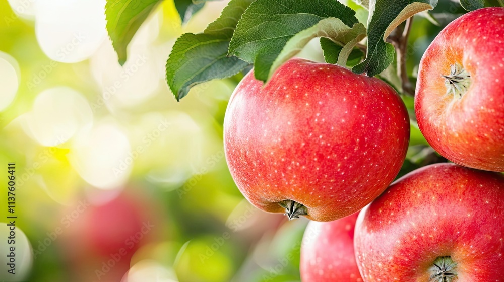 Apple harvest concept. Close-up of fresh red apples hanging on a tree branch in a sunny orchard environment. Apple harvest concept. Close-up of fresh red apples hanging on a tree branch in a sunny orchard environment.