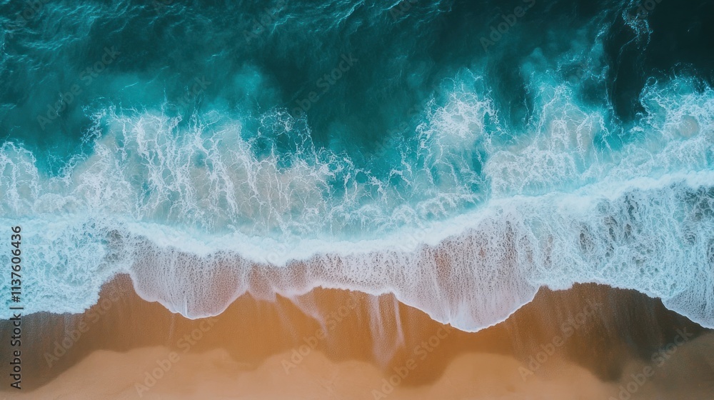 Aerial View of Turquoise Ocean Waves Crashing on Sandy Beach Aerial View of Turquoise Ocean Waves Crashing on Sandy Beach