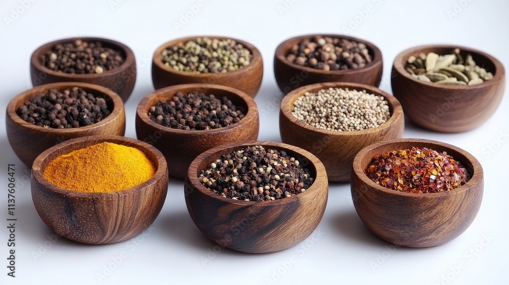 A vibrant mix of whole and ground spices in rustic wooden bowls, artistically arranged on a plain white surface A vibrant mix of whole and ground spices in rustic wooden bowls, artistically arranged on a plain white surface