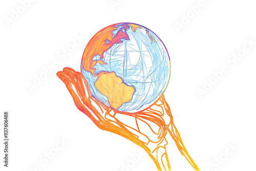 One line drawing of a hand holding an earth globe. A symbol of immense care for the world, white background