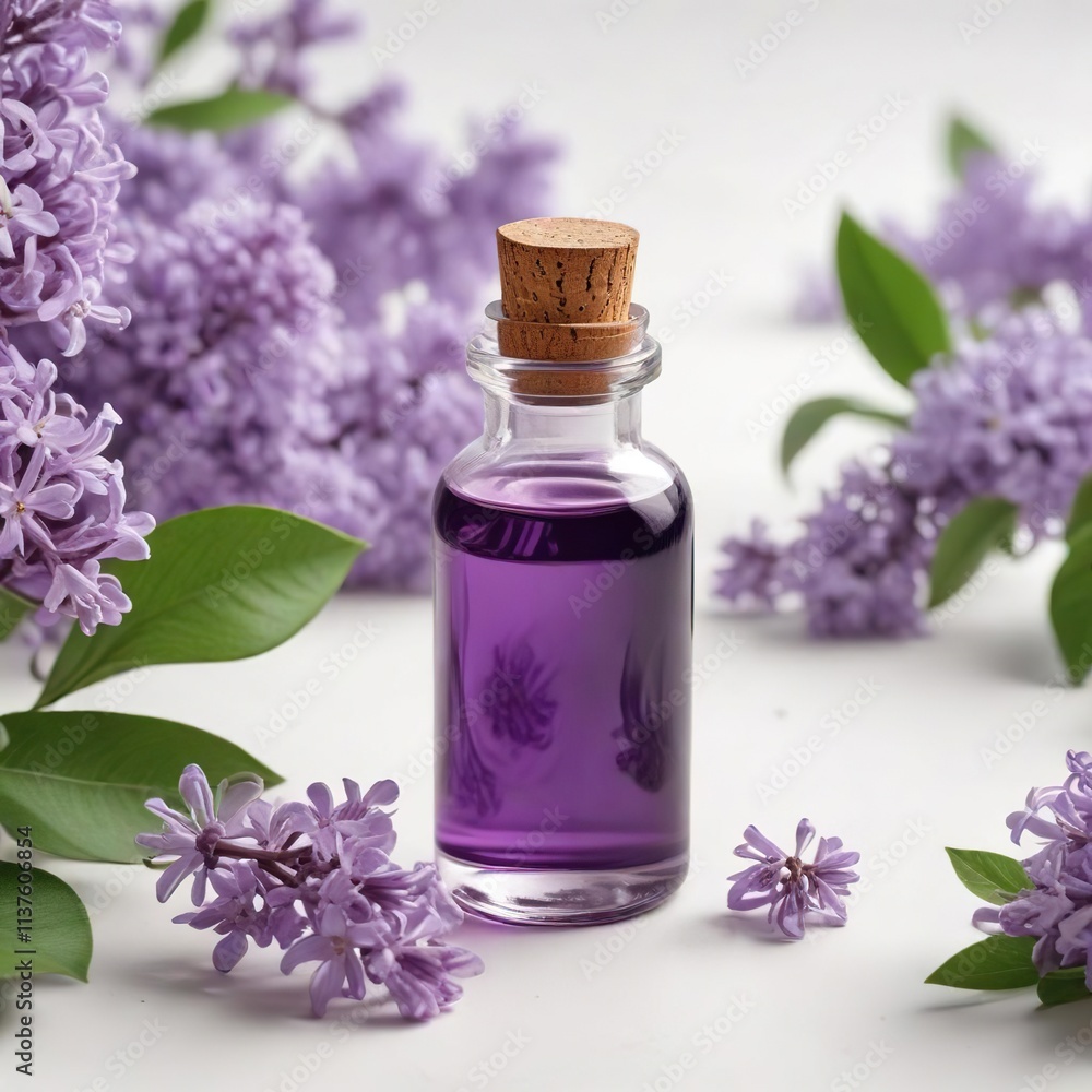 Lilac-scented essential oil with blossoms on white backdrop, easy breathing, essential oil blend, health benefits Lilac-scented essential oil with blossoms on white backdrop, easy breathing, essential oil blend, health benefits