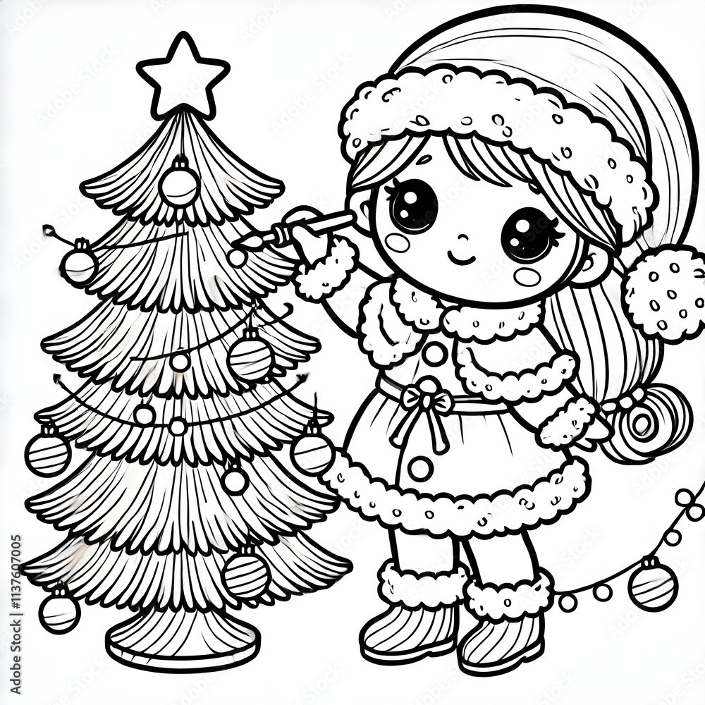 Blank coloring book illustration of a child wearing a Christmas costume decorating a Christmas tree. Blank coloring book illustration of a child wearing a Christmas costume decorating a Christmas tree.