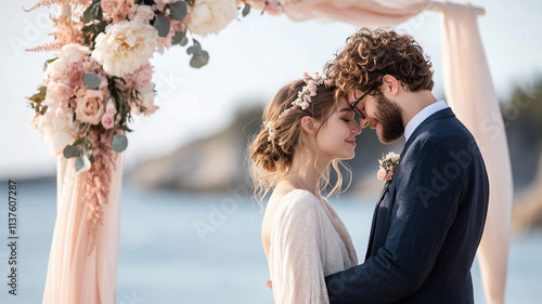 Wallpaper Mural Beautiful couple standing at the altar during a sunset wedding ceremony on the beach, Wedding ceremony concept. Torontodigital.ca