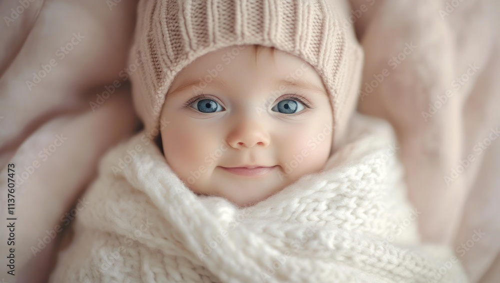 Sweet Baby Girl in Knitted Hat and Blanket Sweet Baby Girl in Knitted Hat and Blanket