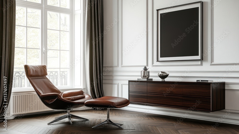 Fototapeta premium Relaxing Modern Interior Design with Brown Leather Chair and Ottoman