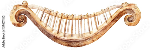 Watercolor illustration of ancient greek lyre isolated placed on a white or transparent background