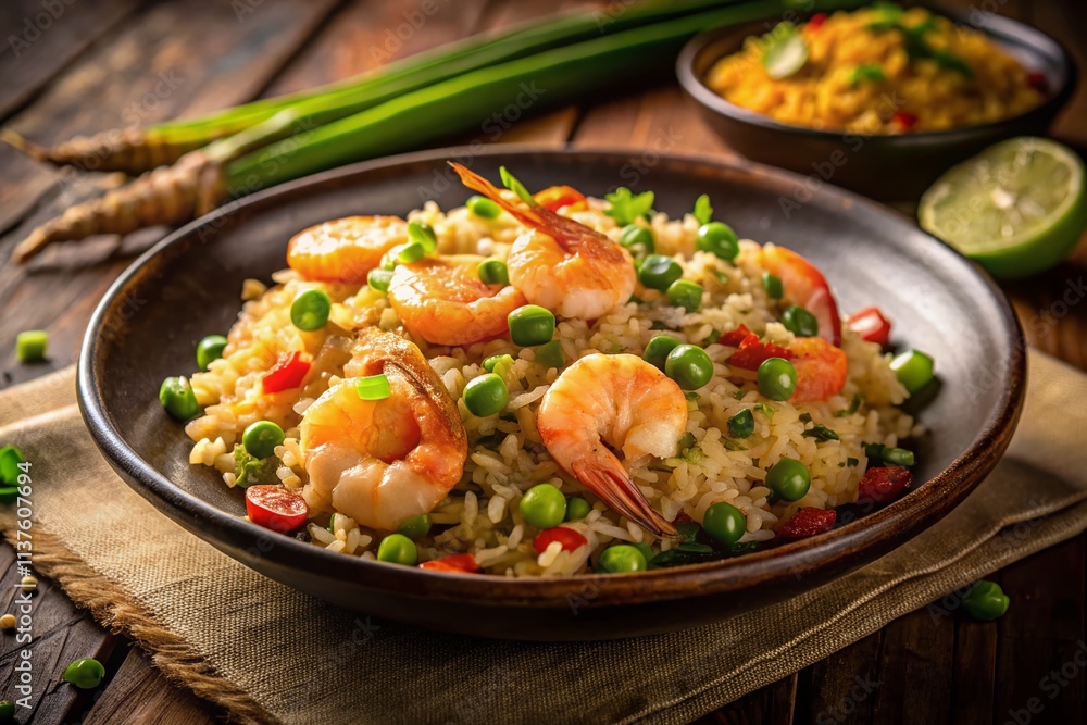 Overhead Night Shot: Delicious Shrimp Fried Rice Plate - Asian Cuisine Food Photography Overhead Night Shot: Delicious Shrimp Fried Rice Plate - Asian Cuisine Food Photography