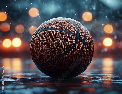 Basketball Resting On Wet Ground Under Stadium Lights photo