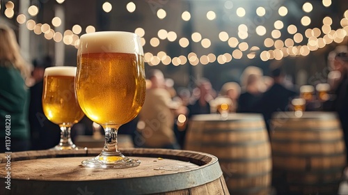 Beer party idea. Refreshing glass of beer on wooden barrel with festive lights in background. photo